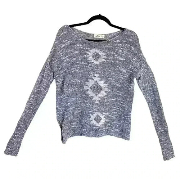 Hollister Boho Gray Cotton Blend Knit Aztec Boat Neck Pullover Sweater Size XS - Picture 1 of 14
